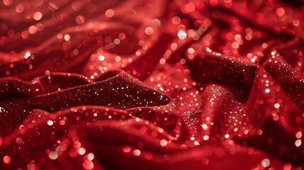 Decorative red glittering sequins on red cloth textile texture fashion background. 