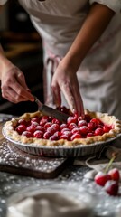 A baker carefully places cherries on a freshly baked pie crust