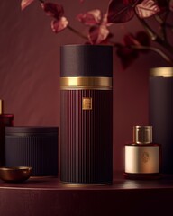 Fototapeta premium A close-up shot of a luxurious, dark red bottle with a gold trim, standing on a maroon surface with blurred foliage behind it.