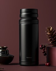 A sleek black Thermos bottle with a matte finish sits on a maroon background, ready to keep your beverages hot or cold.