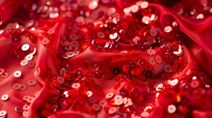 Decorative red glittering sequins on red cloth textile texture fashion background. 