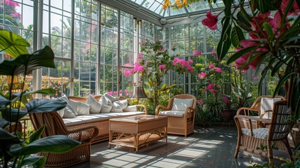 Obraz premium An elegant conservatory with glass walls and ceiling, filled with exotic flowers and vintage wicker furniture.