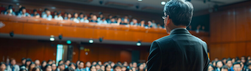 Speaker addressing a full auditorium, engaging audience in a professional conference or seminar setting.
