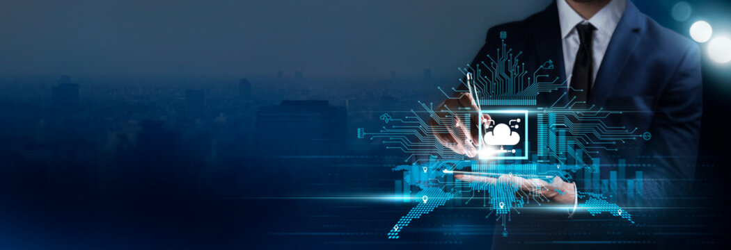 Cloud Computing Technology: Advanced Data Management. Businessman Touching the Technology Smart Interface and Cloud Solutions of Data Searching for Business and Marketing, Scalability, Security.