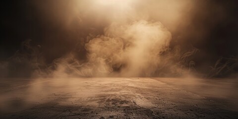 Abstract brown background with fog and dust, smoke on empty floor for product display presentation. 