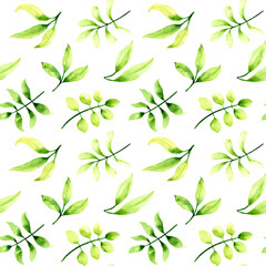 Seamless Leaf Pattern on the white background. Endless Watercolor botanical print