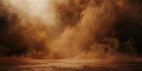 Abstract brown background with fog and dust, smoke on empty floor for product display presentation. 