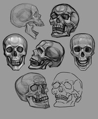 Death symbol silhouette black and white graphic clip art Halloween Design Drawing Zombie Skeleton Skull set human skulls contour engraving Witch item black and white isolated icon gray stain