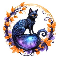 Watercolor illustration portrait of a black Halloween cat on isolated white background.
