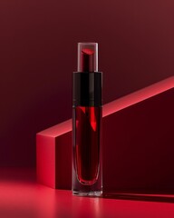 A single bottle of red lipstick sits on a bright red background, showcasing its vibrant color and sleek design.
