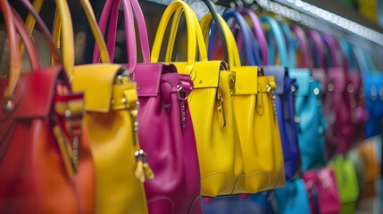 Colorful fashion collection lady woman bags sale at bag store shop. 