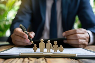 Two hands are visible, one holding a pen over documents with wooden cutouts representing a family. The background includes greenery, symbolizing growth, nurturing, and sustainability.
