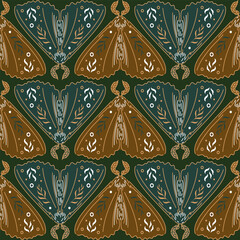 Moth, Elegant celestial seamless pattern with ferns. Boho magic background with butterflies. Halloween, witch, witchcraft, astrology, mysticism. For wallpaper, fabric, background.