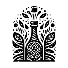 champagne in decorative emblem ornament, Victorian, art deco, art nouveau, boho, bohemian,  folk, flourish