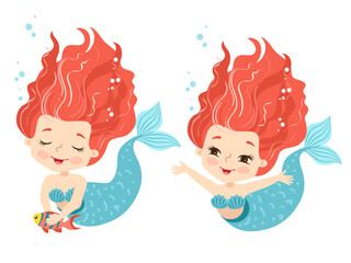 Hand drown vector illustration. Beautiful Girl Mermaids isolated on white background