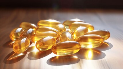 Omega-3 fish oil capsules on a dark wooden background. selective focus. Generative AI,