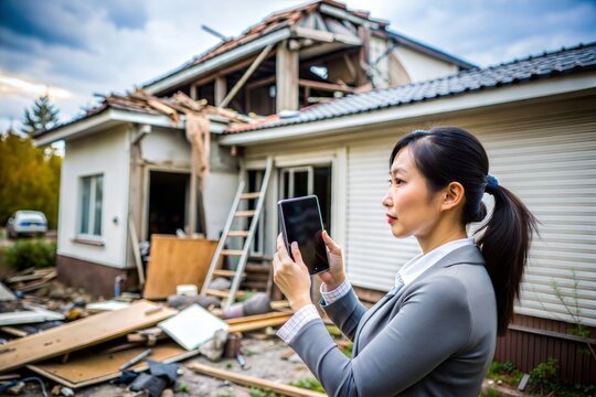 Asian Woman Documenting Property Damage for Insurance Claim
