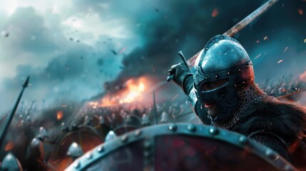 Medieval warrior in a fierce battle, wielding sword and shield with burning battlefield behind, displaying bravery and determination.