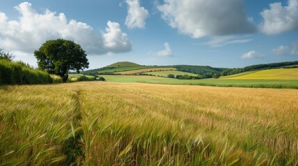 Scenic countryside landscape with rolling hills, lush greenery, and a tree under a partly cloudy sky on a sunny day.
