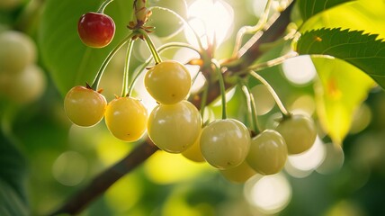 White cherry fruits on the tree. Selective focus. Generative AI,