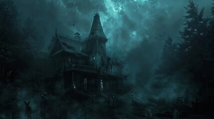Dark scary horror background with haunted house in the woods