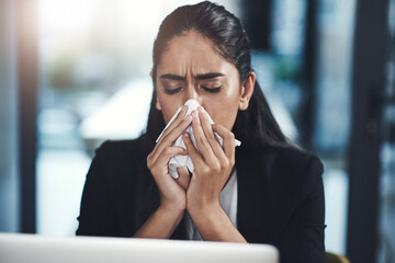 Woman, hay fever and blowing nose in office with tissue, flu or cold as accountant in finance...