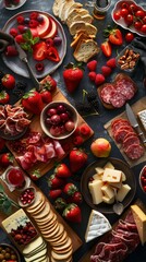 A charcuterie board with an assortment of cheeses, meats, fruits, and breads
