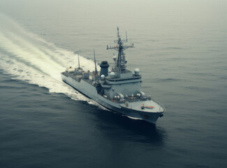 Naklejka premium A navy ship sailing in the sea