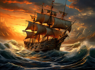 Obraz premium A weathered pirate ship with tattered sails silhouetted against a fiery sunset on a calm ocean.