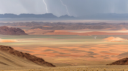 Naklejka premium A desert landscape with a lightning bolt in the sky