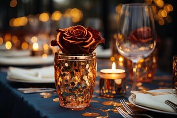 Naklejka premium Elegant dinner setting with a rose, candlelight, and sparkling glassware on a navy tablecloth.