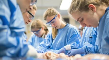 Obraz premium A dedicated group of medical students practicing surgical techniques in a laboratory environment.