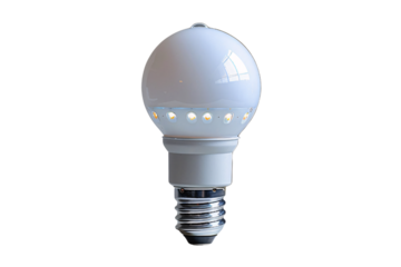 A modern, energy-efficient LED light bulb with a spherical shape, featuring small LEDs arranged in a circular pattern inside the bulb, on a transparent background