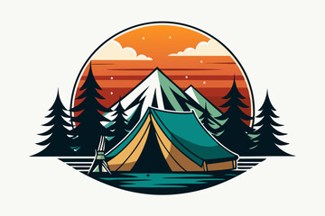  T-shirt art design, vintage tent, Sun on the background, brush coloring vector illustration