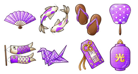 Bundle of hand drawn purple japanese culture items illustrations -fan, koi fish, charm, origami, sandals, fish flags, lantern, paper fan
