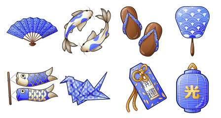 Bundle of hand drawn blue japanese culture items illustrations -fan, koi fish, charm, origami, sandals, fish flags, lantern, paper fan