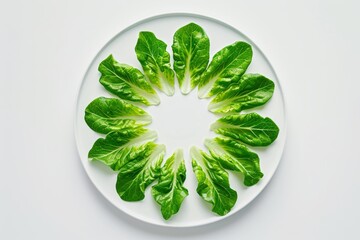 A crisp and refreshing arrangement of green lettuce leaves on a clean white plate, perfect for a healthy salad. The symmetrical pattern adds a touch of elegance to the dish.