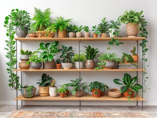 decorative shelf or plant stand showcasing a curated collection of house plants, including ferns, rubber plants, and ZZ plants, against a white wall backdrop.