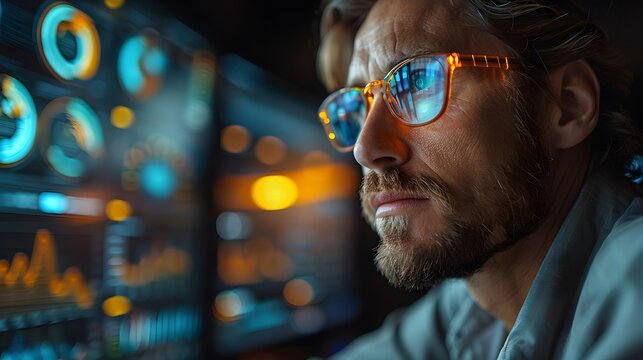 Focused man analyzing data on multiple computer screens with futuristic digital graphics.