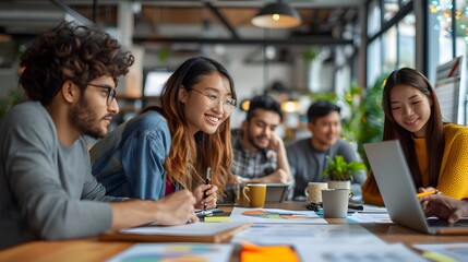 Diverse team collaborating on a project in a modern co-working space, sharing ideas on laptops