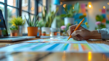 Fototapeta premium Creative workspace: hand drawing on colorful charts, surrounded by potted plants and natural light