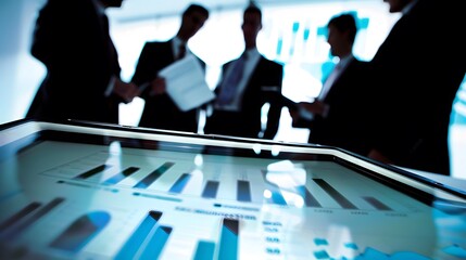 Business professionals discuss data analysis around a digital tablet during a corporate meeting.