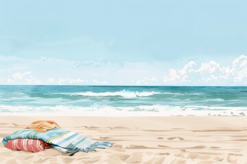 A peaceful beach scene with a splash of color from scattered towels, inviting relaxation and fun in the sun. The soft sand and gentle waves create a serene atmosphere.