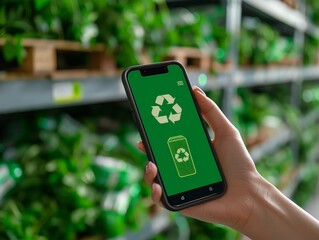 smartphone displaying a recycling mobile app that helps users locate nearby recycling centers, track their recycling habits, and earn rewards for sustainable actions.