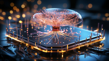 An AI Brain Depicted with Quantum Circuits and Glowing Neural Links, Creating a Sense of Advanced Technology