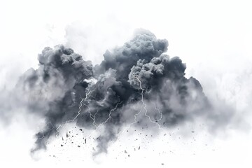 Black storm clouds with lightnings and smoke isolated on white background