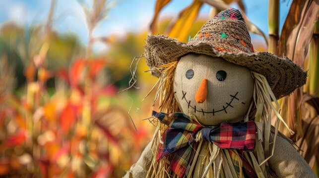 A cheerful scarecrow with a patchwork hat and plaid bowtie standing in a vibrant autumn cornfield, symbolizing harvest season. - Powered by Adobe