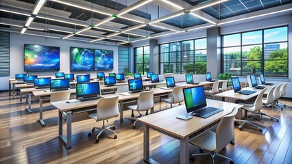 Modern classroom filled with rows of sleek desks showcasing high-tech interactive screens displaying vibrant educational content tailored to individual learning requirements.