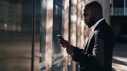Focused businessman checking his phone while standing outside a modern office building