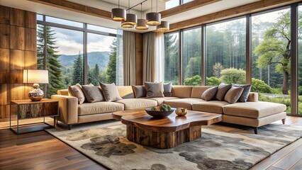 Fototapeta premium Elegant luxury sofa in neutral tones sits atop plush carpet, paired with rustic live edge coffee table, amidst expansive windows and high ceilings in modern villa.
